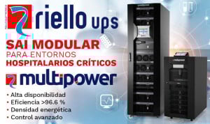 SAI modular Riello UPS Multipower para entornos hospitalarios críticos, con alta eficiencia y control avanzado.