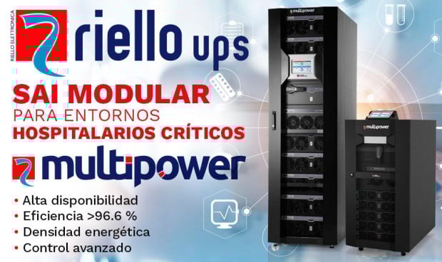SAI modular Riello UPS Multipower para entornos hospitalarios críticos, con alta eficiencia y control avanzado.
