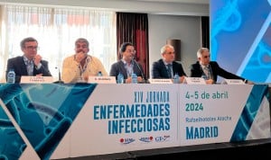 Jaime Lora-Tamayo, Carlos Dueñas, Juan Pablo Horcajada, Javier de la Fuente y Antonio Ramos participan en la primera mesa de la XIV Jornada de Enfermedades Infecciosas de la SEMI.