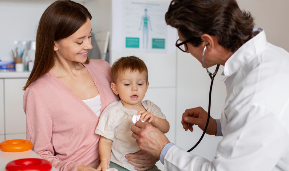  Un pediatra atienda a un niño en brazos de su madre, sobre informarse en YouTube